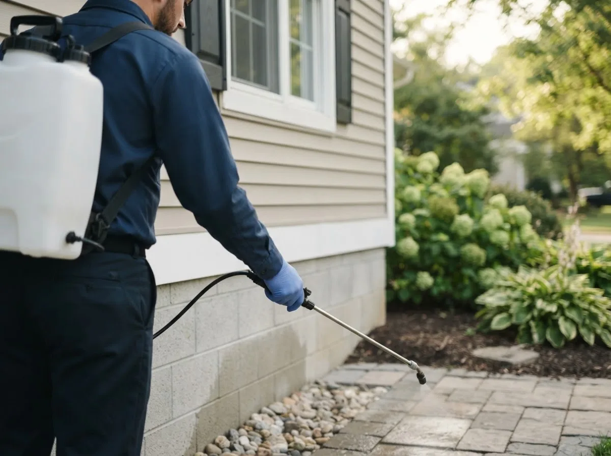 Pest control technician inspecting a home in Meeker, OK